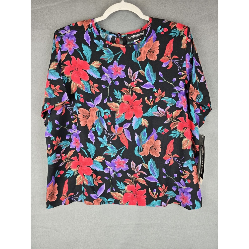 Sag Harbor Top Women Large Petite Black Floral Boxy Blouse Vintage Boho NWT